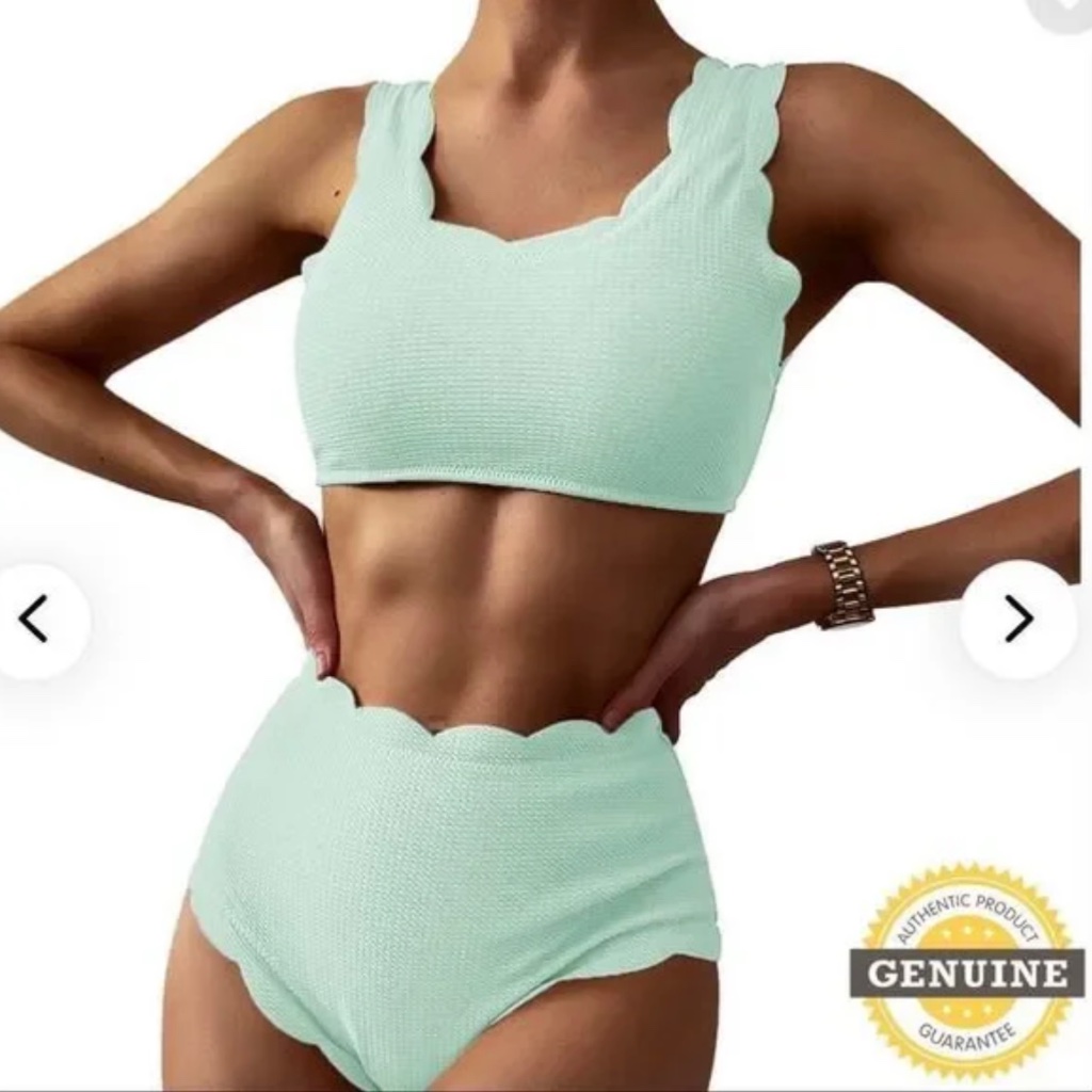 Zaful Lace-Up Back High Waisted Scalloped Tankini Two Piece Set